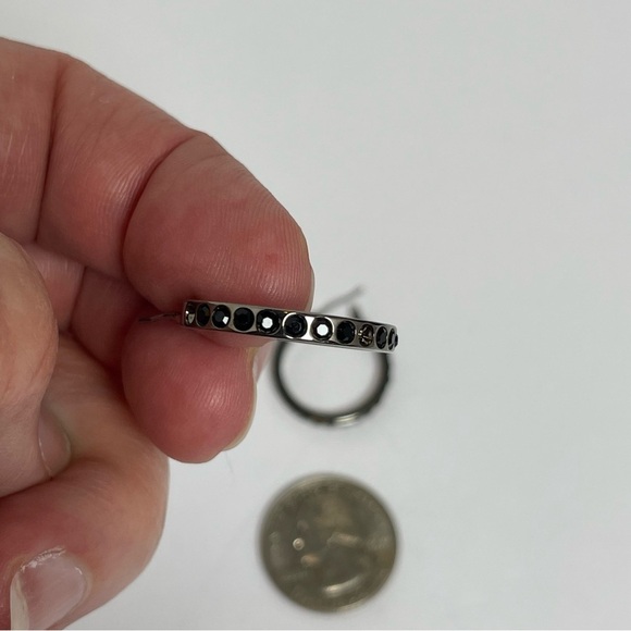 Black Rhinestone-Studded Hoop Earrings with Dark Metal - Picture 4 of 5